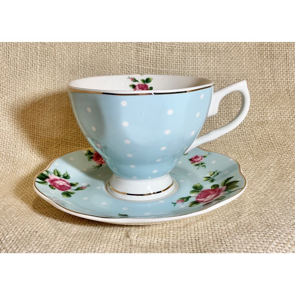 BTaT Brew to a Tea light blue polka dot rose floral tea coffee cup and saucer